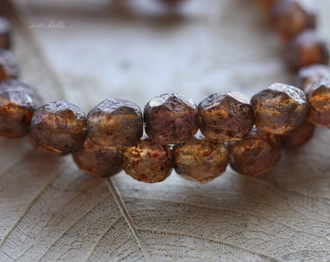 RUSTIC COGNAC PEBBLES .. 25 Premium Etched Picasso Czech Glass Faceted Round Beads 6mm (4189-st)