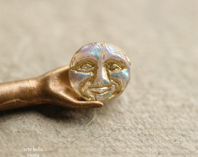 GOLDEN MYSTIC MOONS .. New 6 Premium Czech Glass Moon Face Beads 13mm (11064-6) .. jewelry supplies