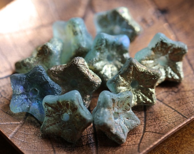 back in stock .. GOLDEN MYSTIC BELLS .. 25 Rustic Etched Czech Glass Bell Flower Bead 5x8mm (7763-st) .. jewelry supplies