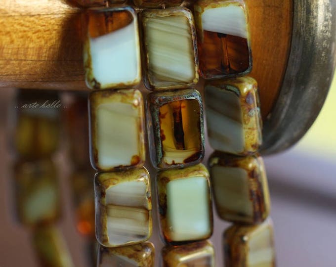 back in stock .. AMBER SKY REX .. 15 Premium Picasso Czech Glass Rectangle Beads 12x8.5mm (B1025-st) .. jewelry supplies