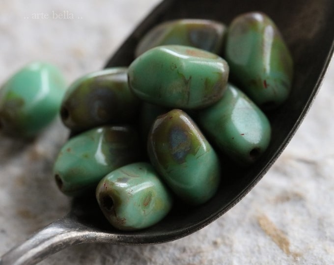 EARTHY WONKY OLIVES .. 10 Premium Picasso Czech Pressed Glass Beads 11x7mm (6819-10)