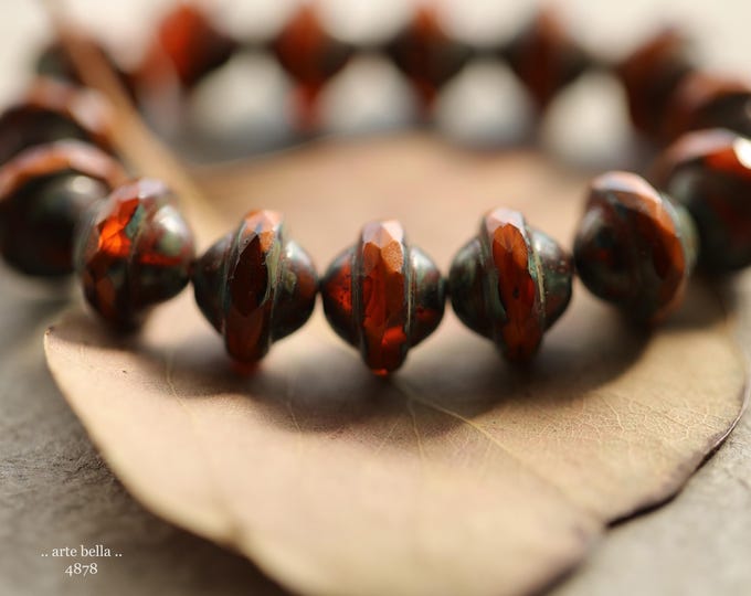 EARTHY ORANGE BLISS .. 15 Premium Picasso Czech Glass Faceted Saturn Beads 8x10mm (4878-st) .. jewelry supplies