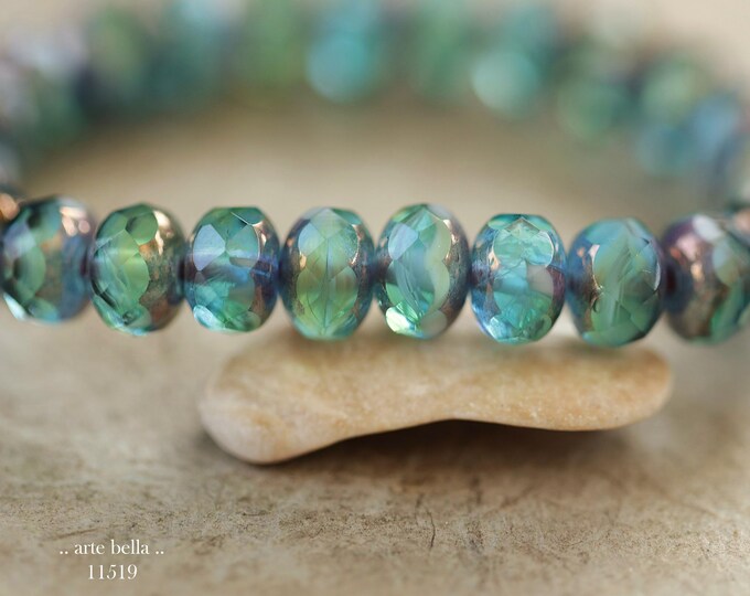 back in stock .. BRONZED BLUE APPLES .. 25 Premium Czech Glass Faceted Rondelle Bead Mix 6x9mm (11519-st) .. jewelry supplies