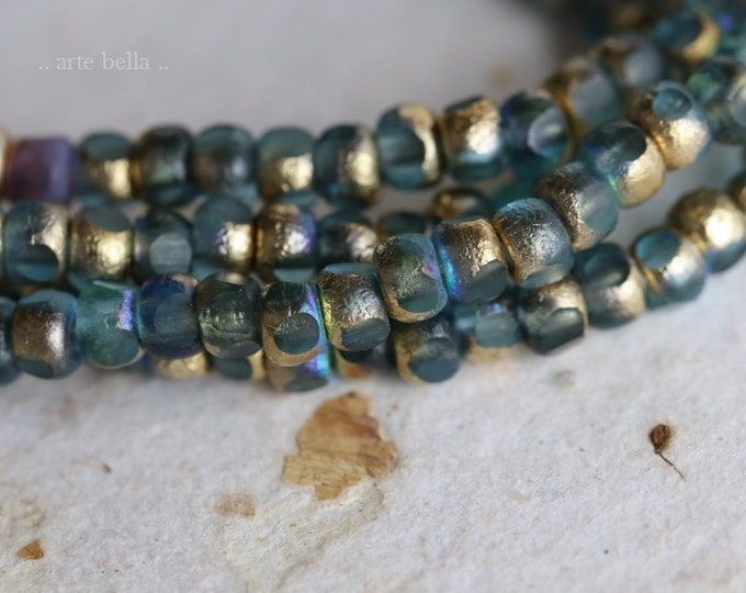 GOLDEN AQUA SEEDS .. 50 Premium Etched Czech Glass Trica Seed Bead Size 6/0 (7555-st) .. jewelry supplies