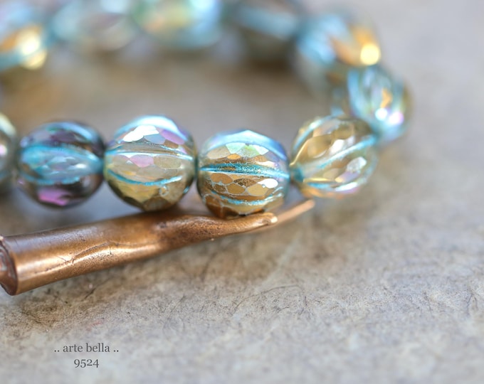 back in stock .. GOLDEN MYSTIC BLUE Glitz .. 12 Premium Czech Glass Faceted Melon Beads 10mm (9524-st) .. jewelry making supplies