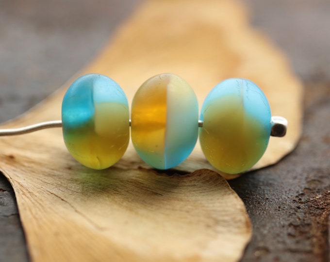 MATTE AMBER BLUES .. 10 Premium Matte Czech Glass Smooth Rondelle Beads 9x6mm (9085-10) .. jewelry supplies