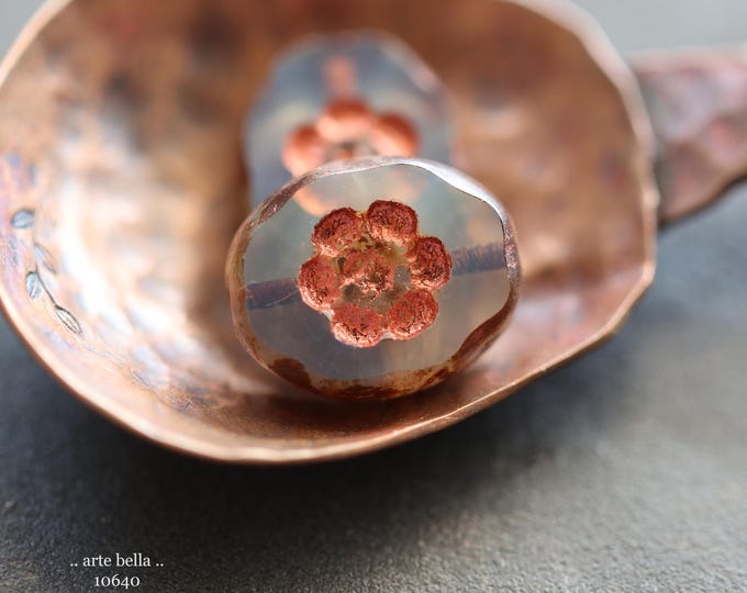 last ones .. COPPERED FAWN BLOOMS .. 6 Premium Picasso Czech Glass Oval Flower Beads 14x11mm (10640-6) .. jewelry making supplies