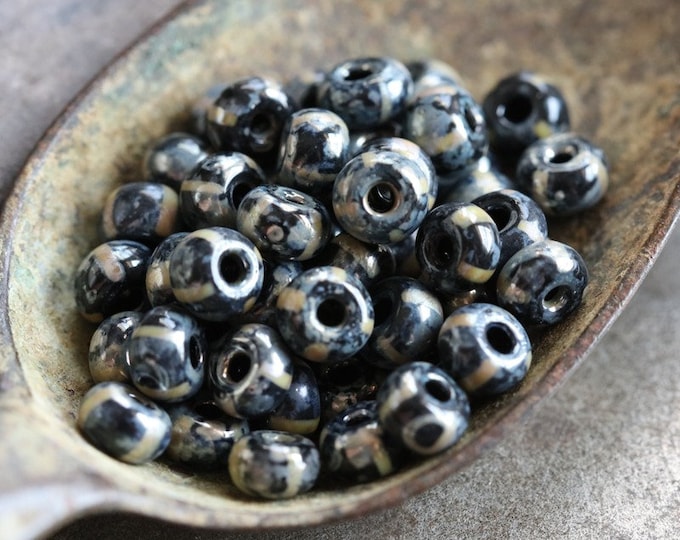 last one .. PEWTER BLACK SEEDS No. 8388 .. 82 Premium Picasso Czech Glass Striped Aged Seed Beads Size 5/0 (8388-82) .. jewelry supplies