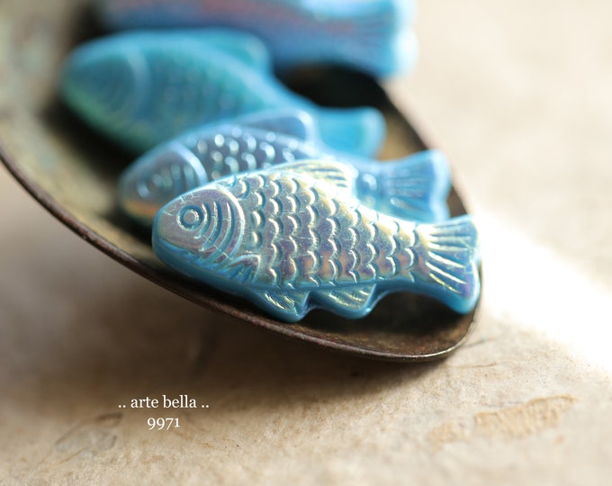 BLUE RAINBOW SWIMMERS .. 4 Premium Czech Glass Fish Beads 25x12mm (9971-4)