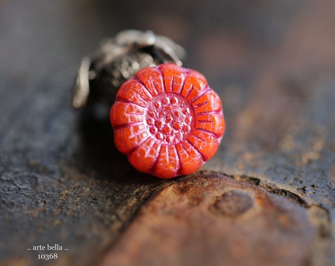 premium glass beads .. PINK PERSIMMON SUNFLOWERS .. 6 Premium Czech Glass Flower Beads 13mm (10368-6) .. jewelry supplies