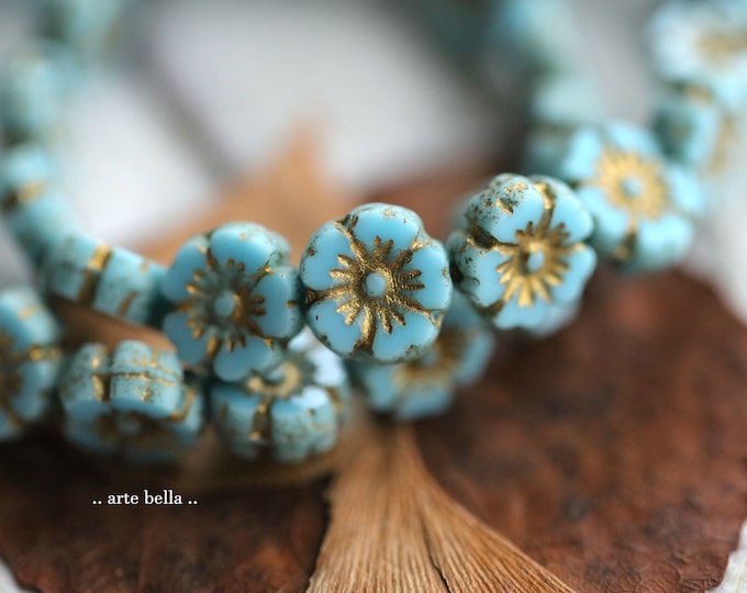 GOLDEN SKY BLOOMS .. 16 Premium Czech Glass Hibiscus Flower Beads 10mm (9683-st)