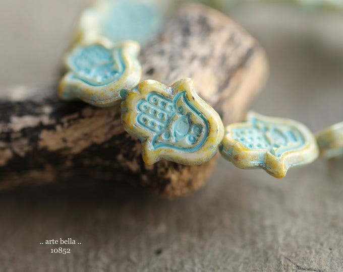 BLUE IVORY HAMSA Hand .. 10 Premium Picasso Czech Glass Hamsa Beads 15x10mm (10852-st) .. jewelry supplies