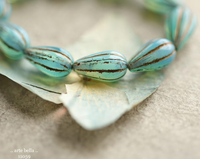 BRONZED AQUA MELON Drops No. 2 .. New 10 Premium Czech Glass Melon Drop Bead Mix 13x8mm (11059-st) .. jewelry supplies