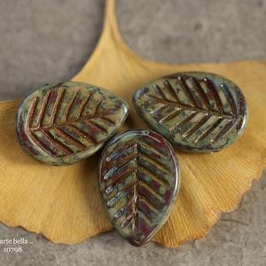 premium glass beads .. EARTHY LICHEN LEAVES .. 6 Picasso Czech Glass Leaf Beads 12x16mm (10798-6) .. jewelry supplies