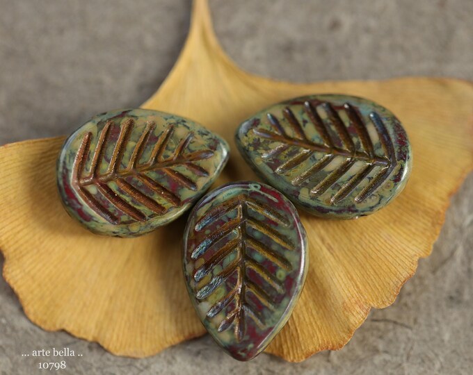 EARTHY LICHEN LEAVES .. New 6 Premium Picasso Czech Glass Leaf Beads 12x16mm (10798-6) .. jewelry supplies
