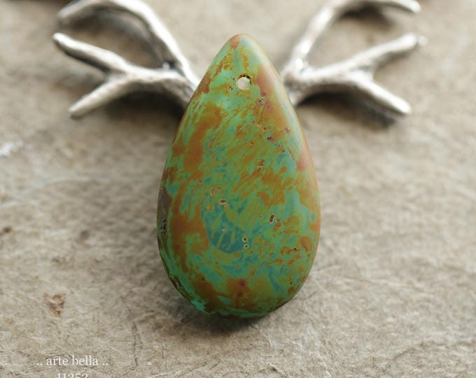 New .. MOSSY AQUA DROPS .. 2 Premium Matte Picasso Czech Glass Drop Pendant Beads 31x18mm (11252-2) .. jewelry supplies