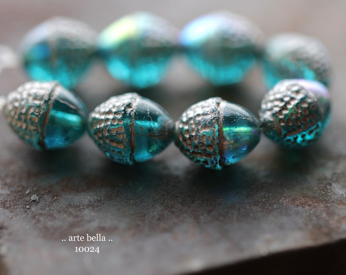 Mystic SILVERED TEAL ACORNS .. 8 Premium Czech Glass Acorn Beads 12x10mm (10024-st) .. jewelry supplies