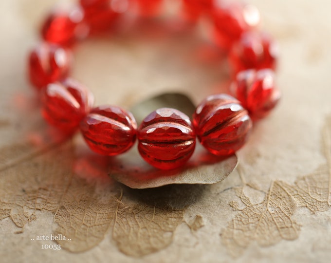 COPPERED LADYBUG GLITZ .. 12 Premium Czech Glass Faceted Melon Beads 10mm (10053-st) .. jewelry supplies