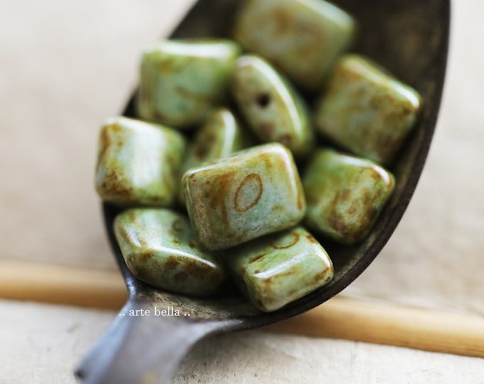 EARTHY SAGE REX .. 10 Premium Picasso Czech Glass Rectangle Beads 11x8mm (9491-10) .. jewelry supplies