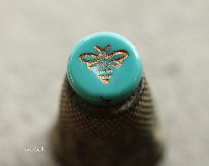 BRONZED TEAL BIZZY B .. 6 Premium Czech Glass Bee Coin Beads 12mm (8467-6)