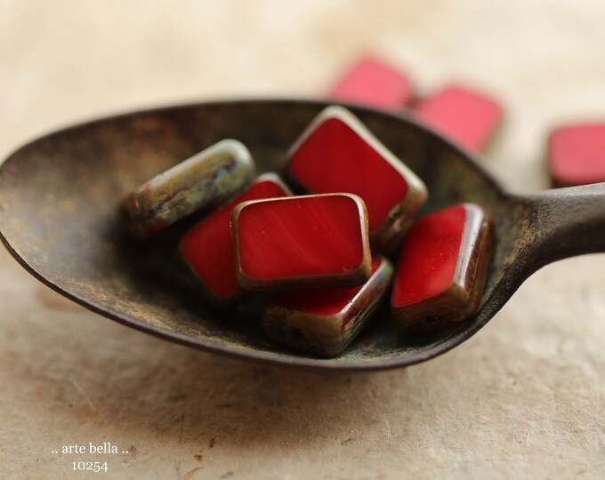 EARTHY RED REX .. 15 Premium Picasso Czech Glass Rectangle Beads 12x8mm (10254-st) .. jewelry supplies