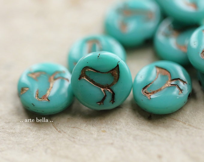 BRONZED TURQUOISE LIL' Chicks .. 10 Premium Picasso Czech Glass Bird Coin Beads 12mm (7938-10)