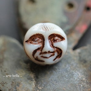 premium glass beads .. BRONZE IVORY MOONS .. 6 Czech Glass Moon Face Beads 13mm (8496-6) .. jewelry supplies