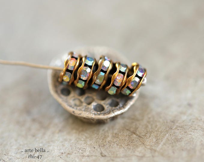 NEW .. 11 Premium Czech 6mm Antique Brass Metal AB Crystal Rhinestone Rondelles (rhi-47/11) .. jewelry making supplies