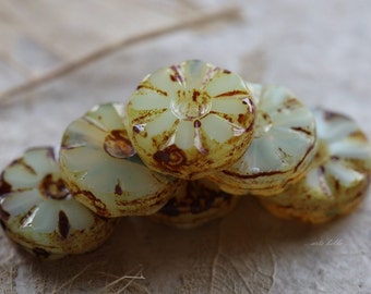 FADED BLOOMS .. 6 Premium Picasso Czech Glass Flower Coin Beads 13x5mm (4969-6)