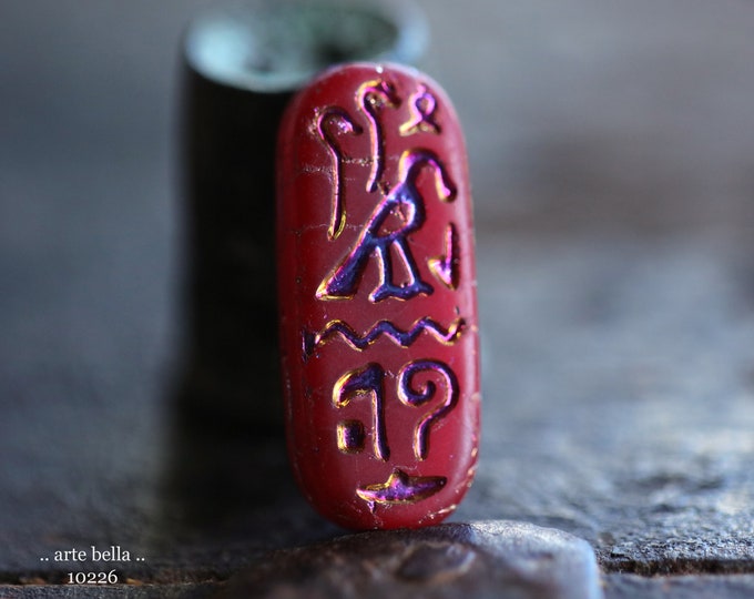 MYSTIC RED EGYPTIAN Cartouche .. New 6 Premium Matte Czech Glass Tablet Beads 25x10mm (10226-st)