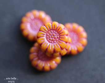 PINK ORANGE SUNFLOWERS .. New 6 Premium Czech Glass Flower Beads 13mm (10375-6)