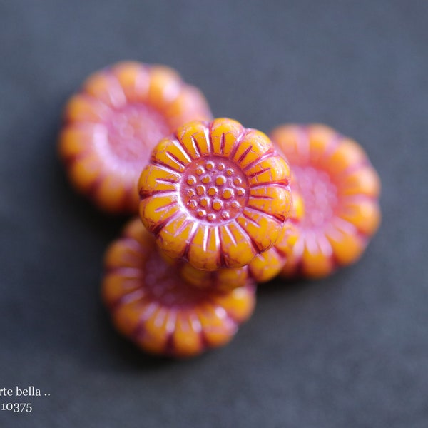 PINK ORANGE SUNFLOWERS .. New 6 Premium Czech Glass Flower Beads 13mm (10375-6) .. jewelry supplies