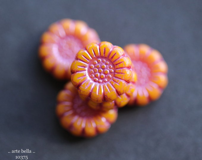 PINK ORANGE SUNFLOWERS .. New 6 Premium Czech Glass Flower Beads 13mm (10375-6) .. jewelry supplies