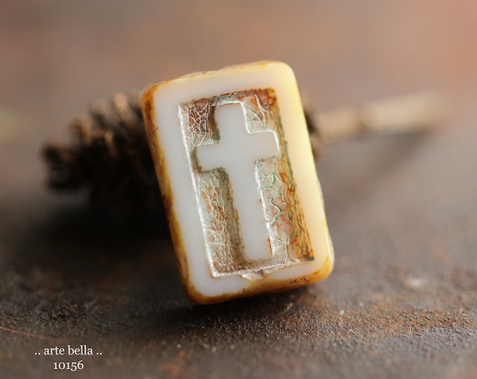 PEARLY WHITE CROSSES .. 6 Premium Picasso Czech Glass Rectangle Cross Bead Mix 17x12mm (10156-6) .. jewelry supplies