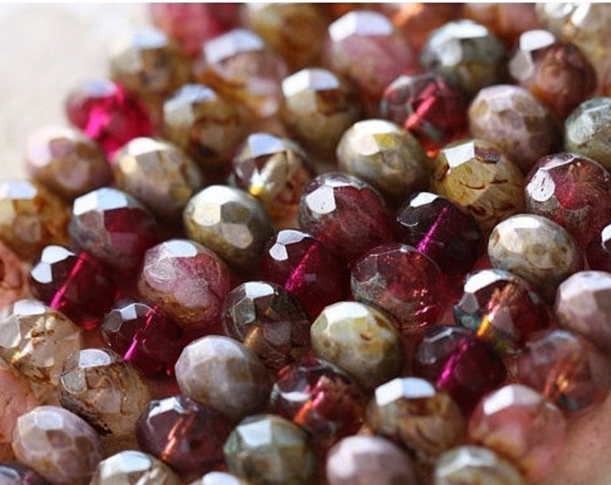 ROSE WATER .. 25 Premium Picasso Czech Glass Faceted Rondelle Bead Mix 6x8-9mm (4406-25) .. jewelry supplies