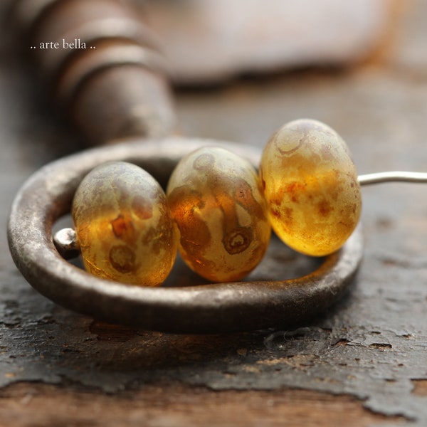 MATTE AMBER HONEY .. 10 Premium Matte Picasso Czech Glass Smooth Rondelle Beads 9x6mm (9084-10)