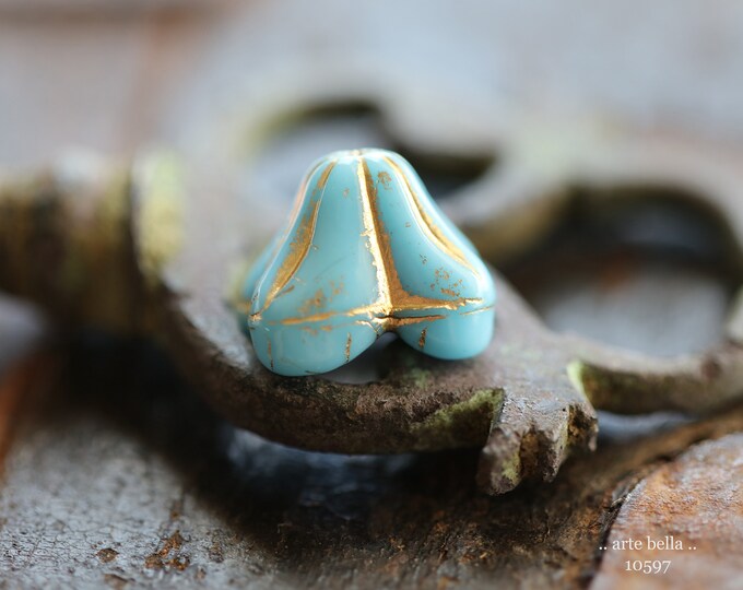 GOLDEN SKY BELLS No. 2 .. 4 Premium Czech Glass Bell Flower Beads 11x9x13mm (10597-4) .. jewelry supplies