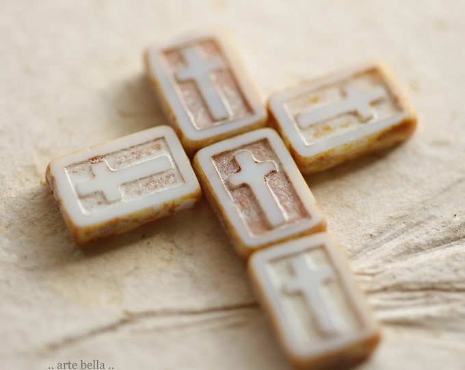 EARTHY WHITE CROSSES No. 2 .. 6 Premium Picasso Czech Glass Rectangle Cross Beads 17x12mm (10154-6)