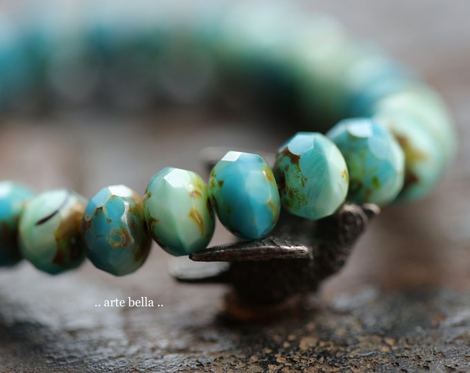 BLUE MINT STONES .. 25 Premium Picasso Czech Glass Faceted Rondelle Beads 6x9mm (9903-st) .. jewelry supplies