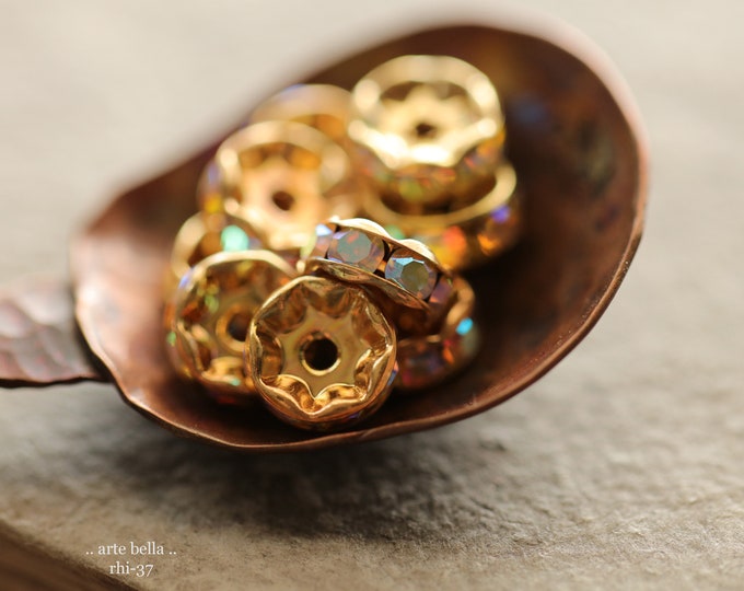 Premium Czech 8mm Gold AB Crystal Rhinestone Rondelles x 10  (rhi-40/10) .. jewelry supplies
