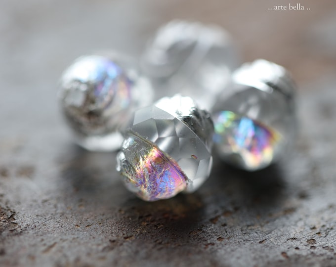 MYSTIC SILVER PLUMPS .. 4 Premium Etched Czech Glass Faceted Turbine Beads 13x15mm (9263-4)