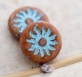 BLUE SPICE RAYS .. 2 Premium Picasso Czech Glass Sun Coin Bead 22mm (9166-2)