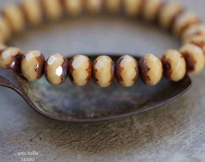 New .. CREME BRULE'.. 25 Premium Picasso Czech Glass Faceted Rondelle Beads 6x9mm (11220-st) .. jewelry making supplies