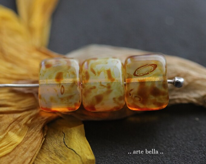SPUN HONEY REX .. 10 Premium Picasso Czech Glass Rectangle Beads 11x8mm (9489-10) .. jewelry supplies