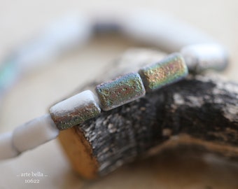 WHITE HUMMINGBIRD Bebe TUBES .. 16 Czech Etched Glass Tube Beads 9x5mm (10622-st) .. jewelry supplies
