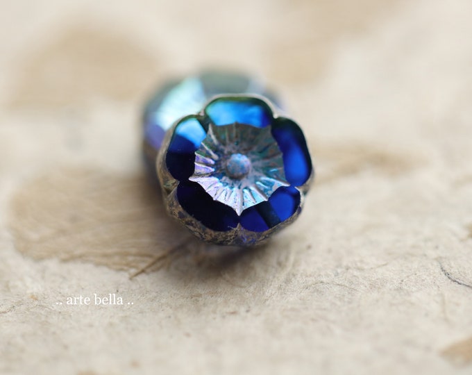 back in stock .. SILVERED TROPICAL PANSY .. 12 Premium Picasso Czech Aurora Borealis Glass Hibiscus Flower Bead Mix 12mm (8168-st)