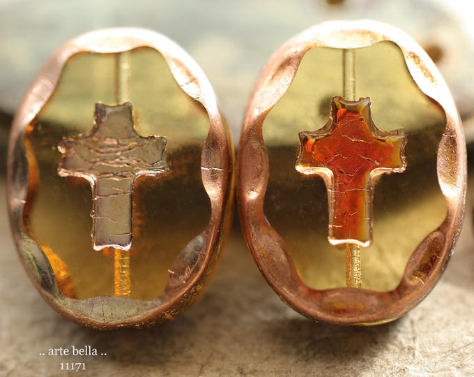 New .. YELLOW SUNSET CROSSES .. 2 Premium Czech Glass Oval Cross Bead Mix 25x19mm (11171-2) .. jewelry making supplies