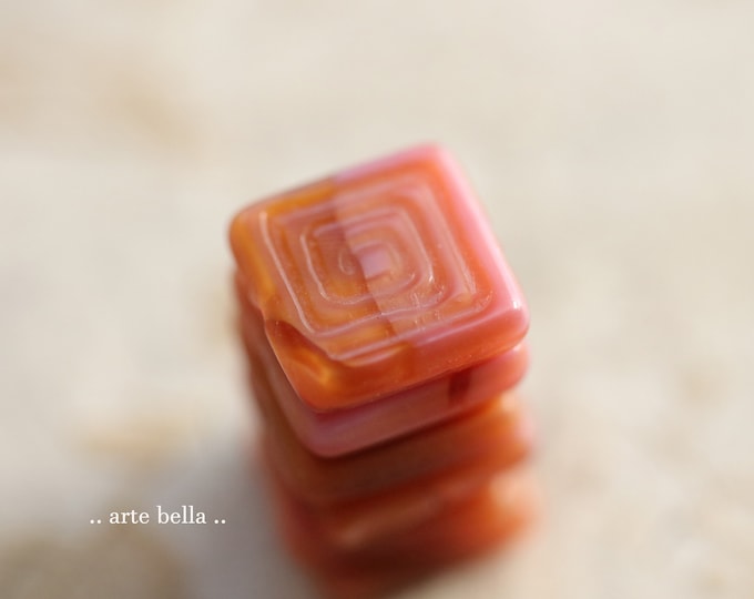 PEACHY PINK SQUARES .. 6 Premium Czech Glass Greek Key Square Beads 13mm (9721-6)