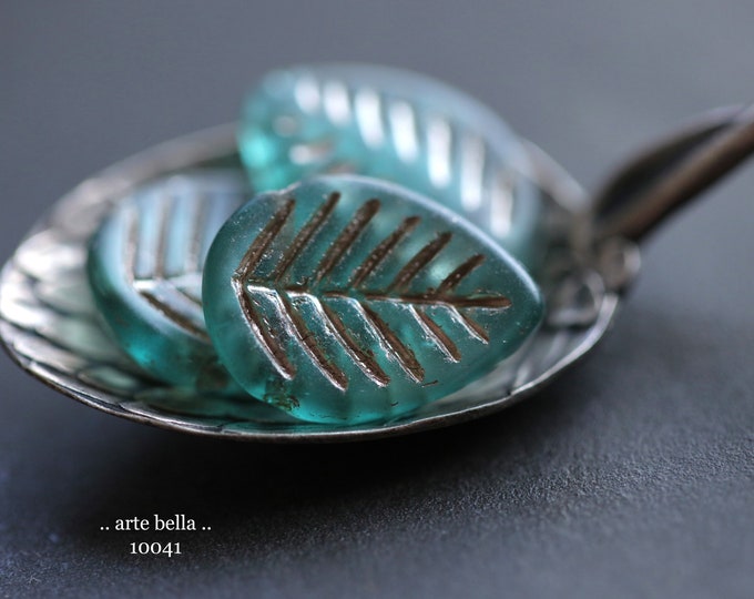 SILVERED AQUA LEAVES .. 8 Premium Matte Czech Glass Dogwood Leaf Beads 12x16mm (10041-8) .. jewelry supplies