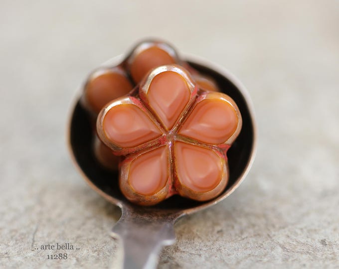 New .. EARTHY SALMON POSIES .. 4 Premium Luster Picasso Czech Glass Flower Bead Mix 17mm (11288-4) .. jewelry supplies